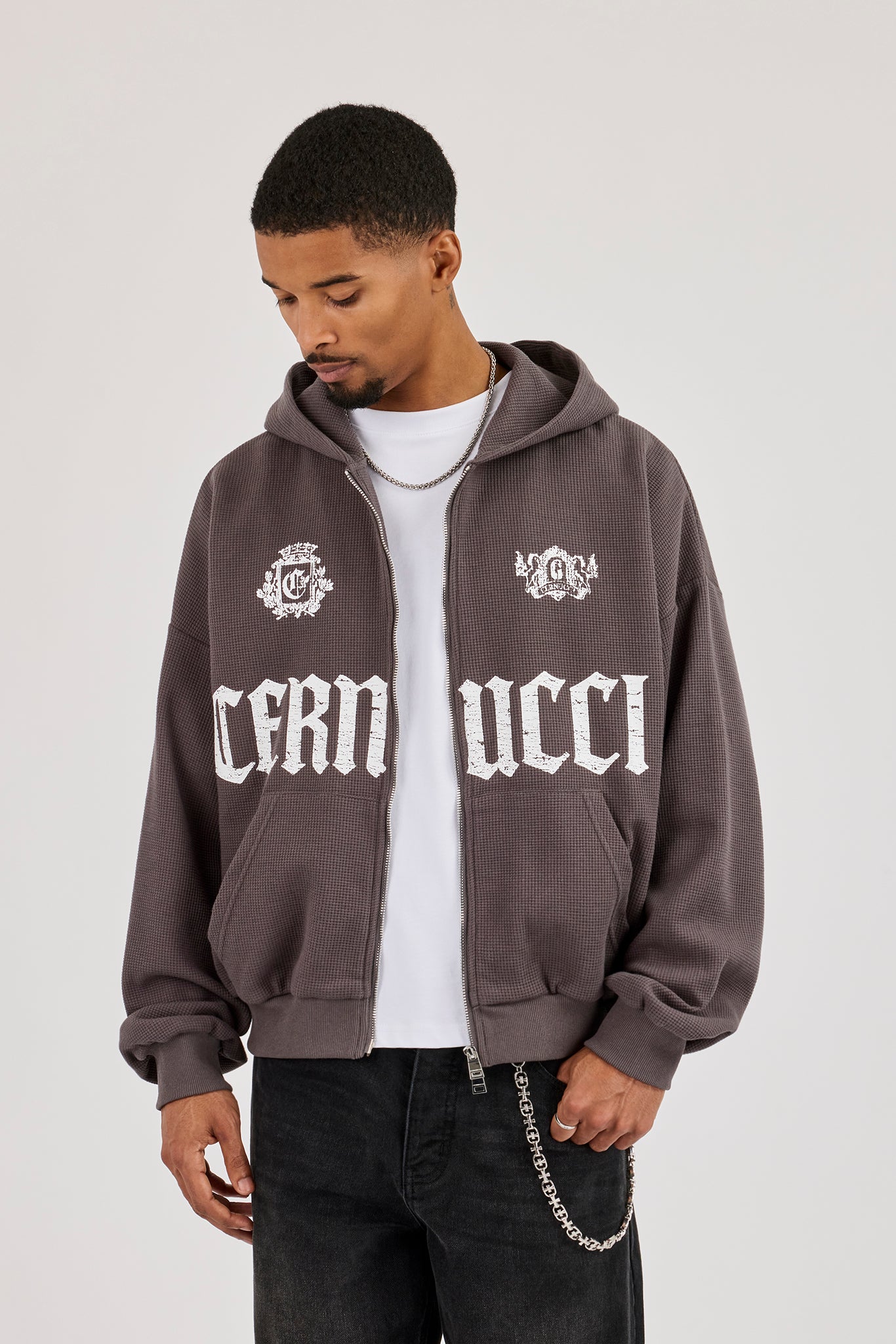 Waffle Logo Print Zip Hoodie - Charcoal