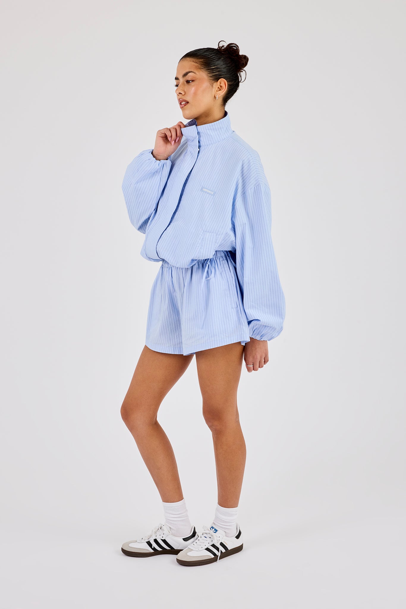 Stripe Nylon Funnel Neck Jacket & Nylon Short - Light Blue