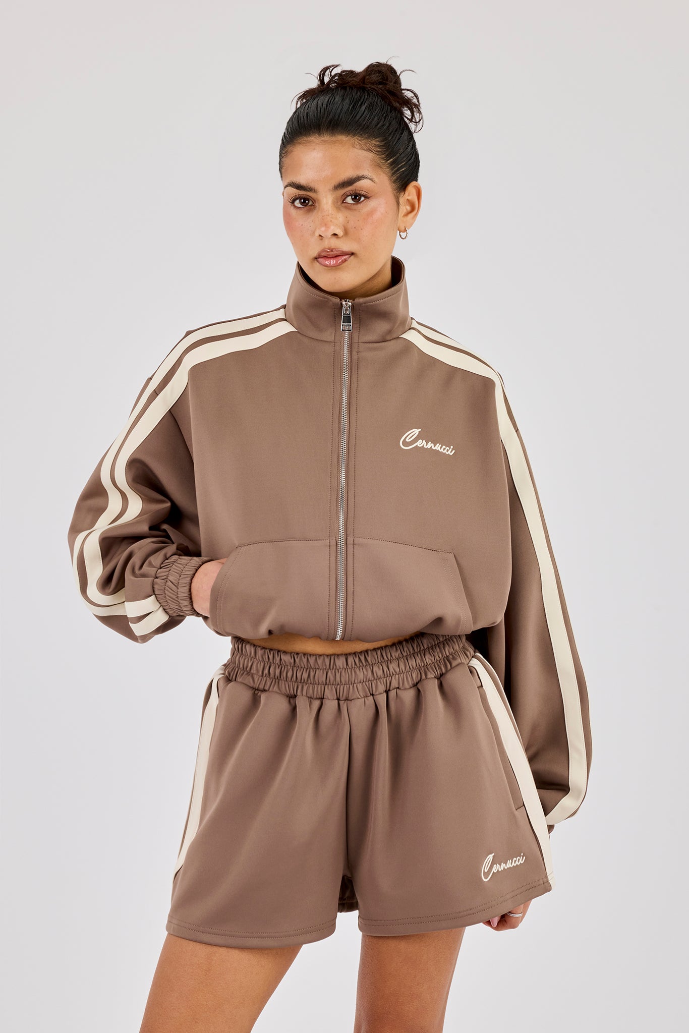 Taping Cropped Funnel Neck Track Jacket & Taping Short - Taupe