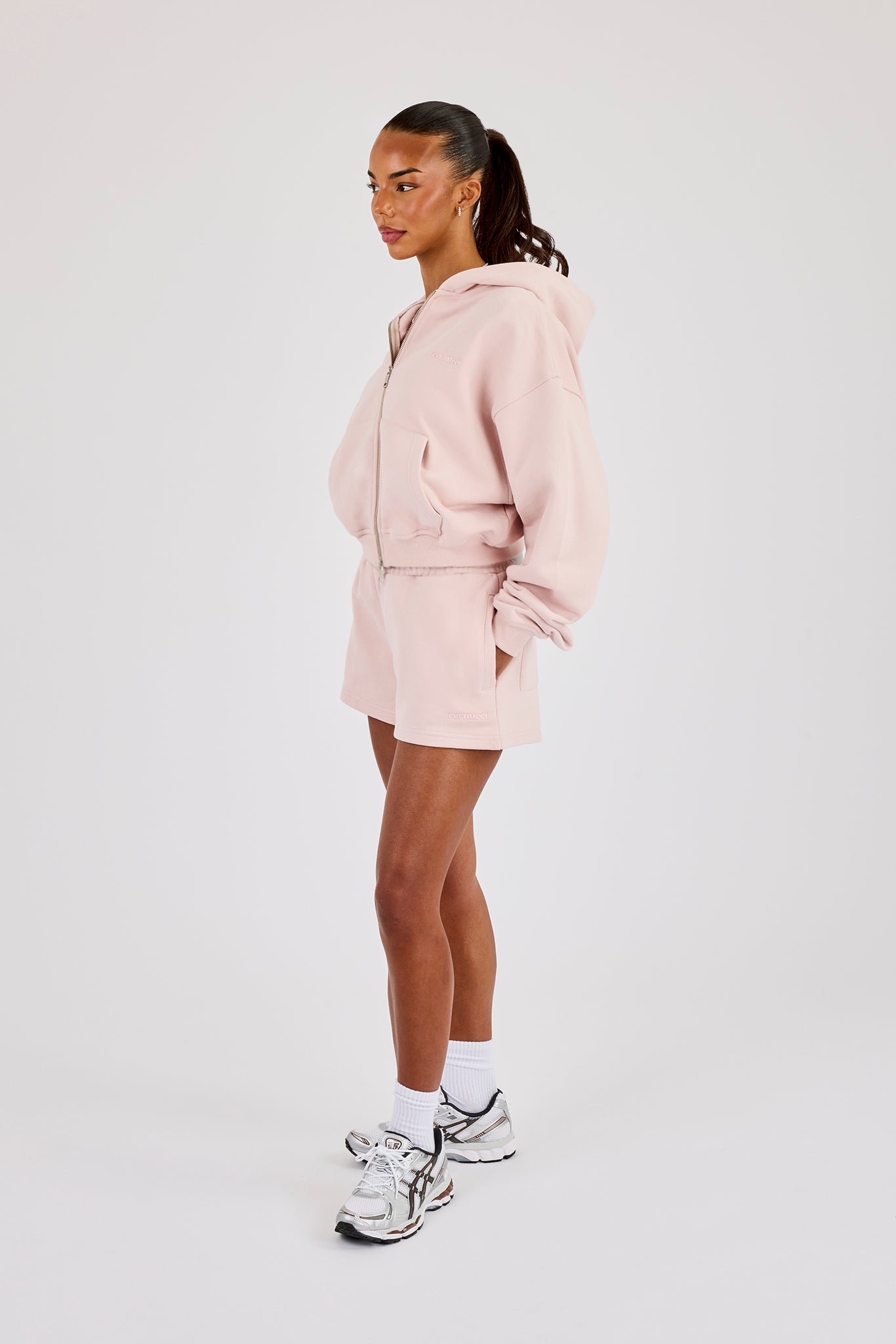 Cernucci Cropped Zip Through Hoodie & Embroidered Short - Dusty Pink