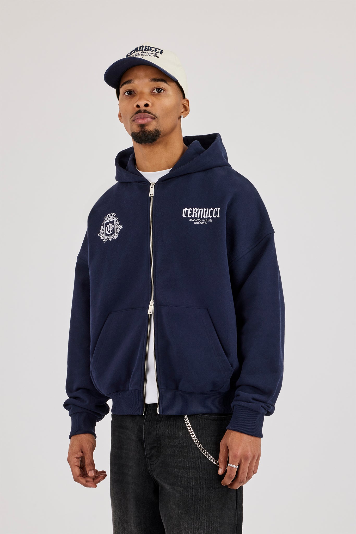 Crest Embroidered Boxy Zip Hoodie - Navy