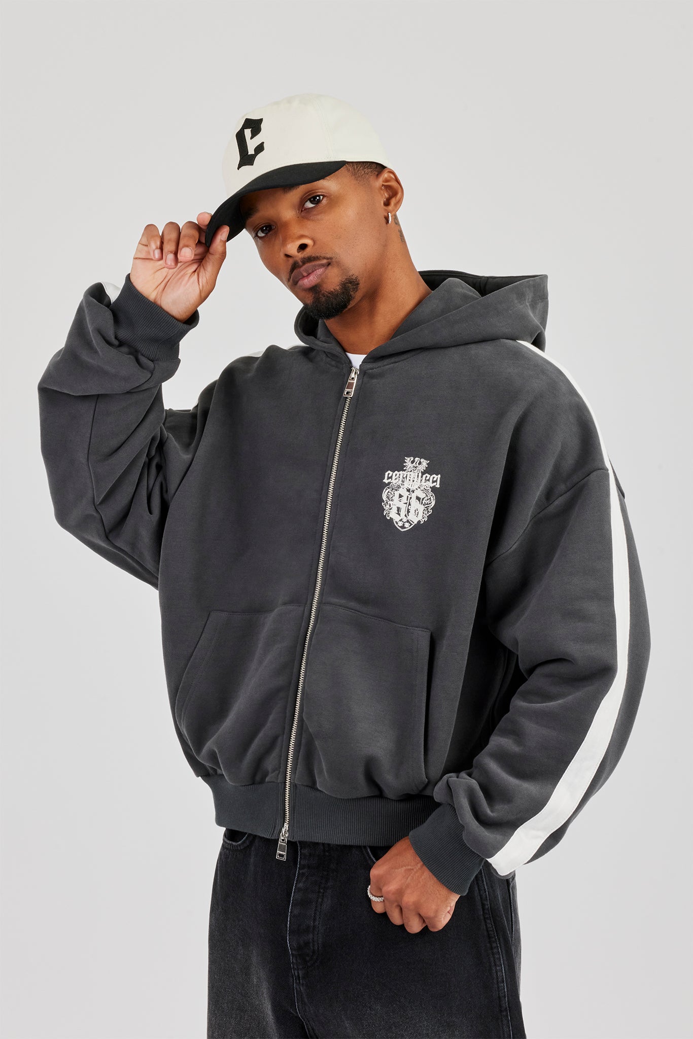 86 Taping Boxy Zip Through Hoodie - Charcoal | Mens Hoodies