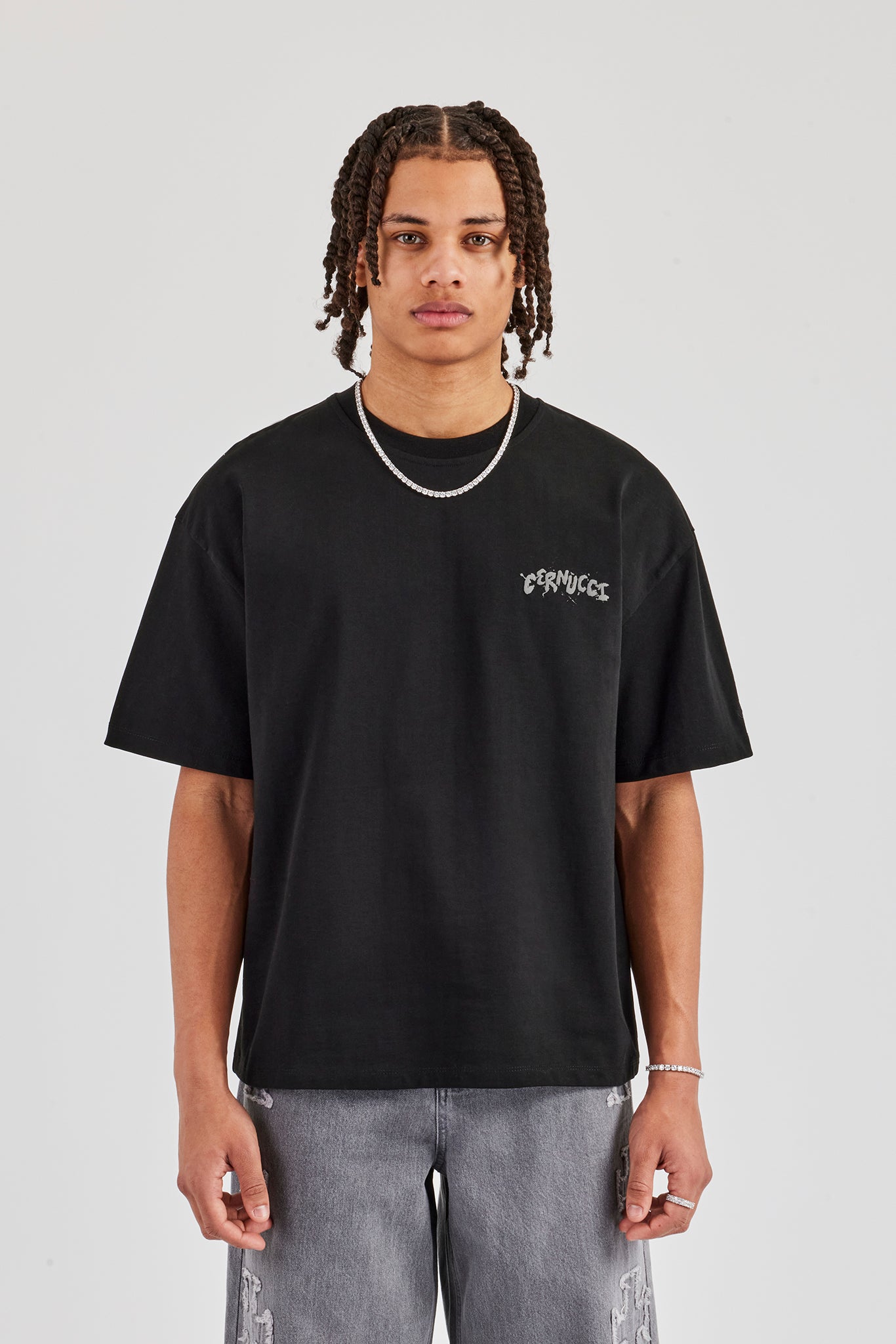 T-Shirt mit normalem Rücken-Puff-Print – Schwarz