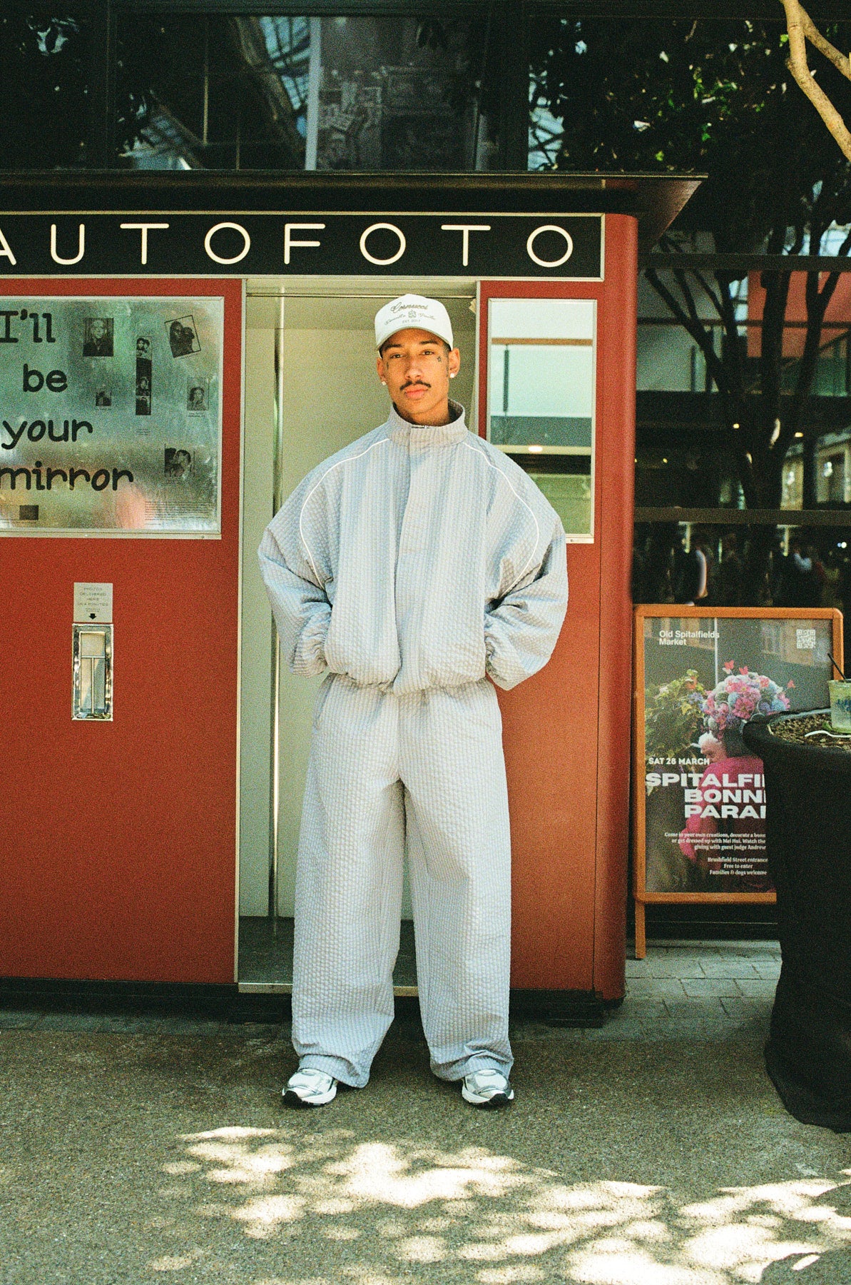 Oversized Nylon Check Funnel Neck Windbreaker & Trouser - Light Grey