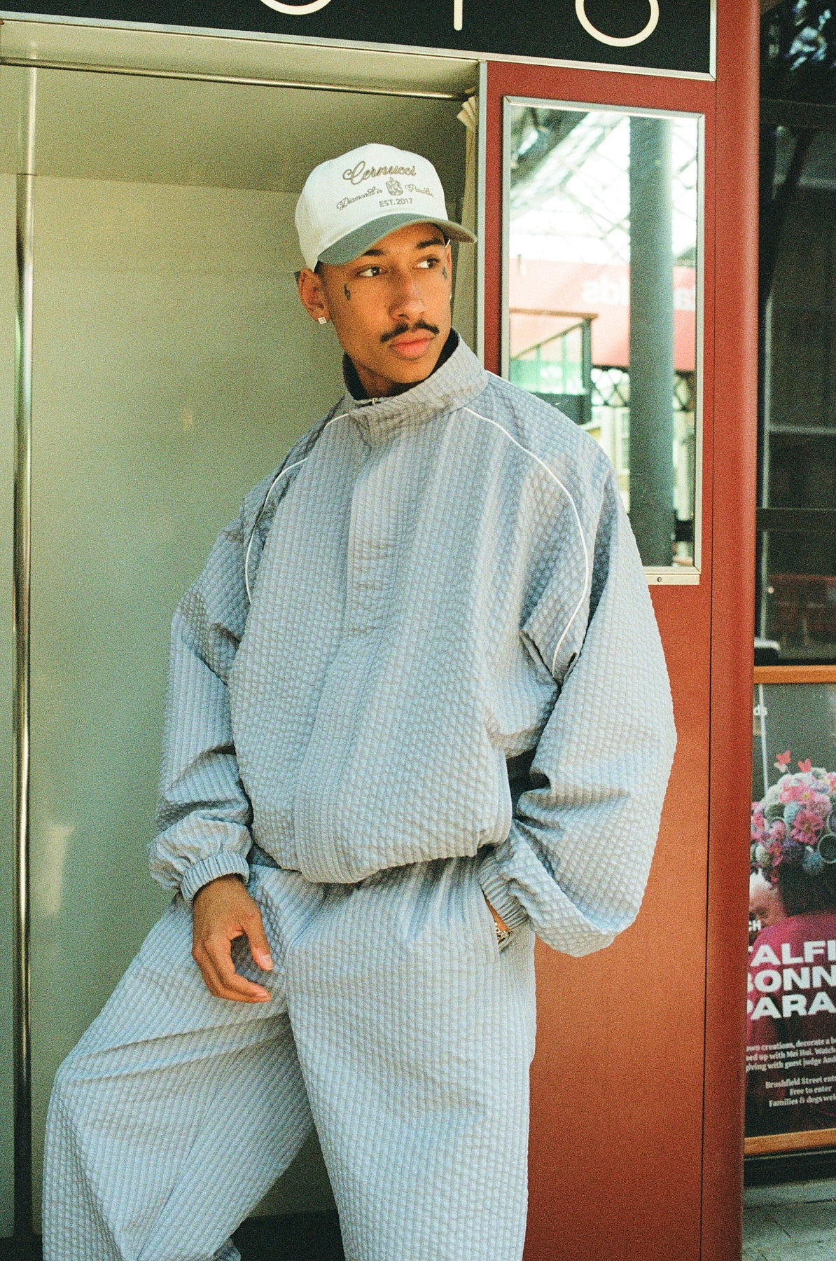 Oversized Nylon Check Funnel Neck Jacket - Light Grey