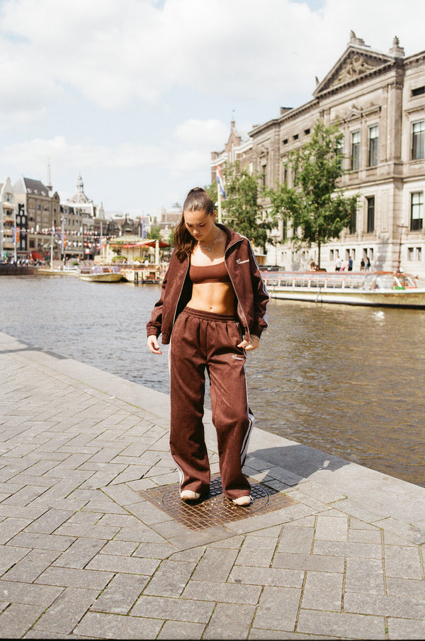Suede Track Jacket & Jogger With Side Stripes - Coffee