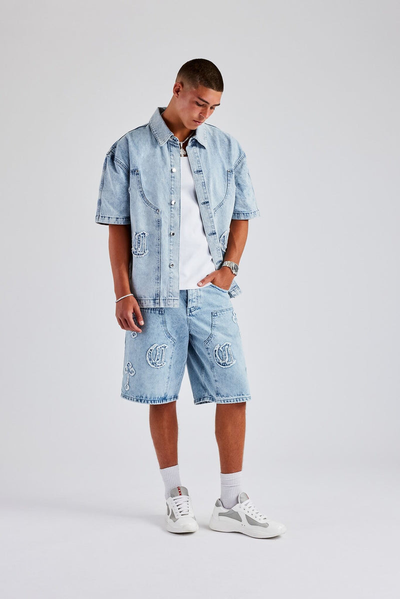 Raw Edge Applique Carpenter Denim Shirt & Bermuda Short - Ice Blue | Mens  Sets