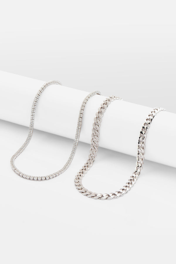10mm Half Iced & Half Polished Cuban Chain + Iced Double Row Tennis Necklace Bundle - White Gold