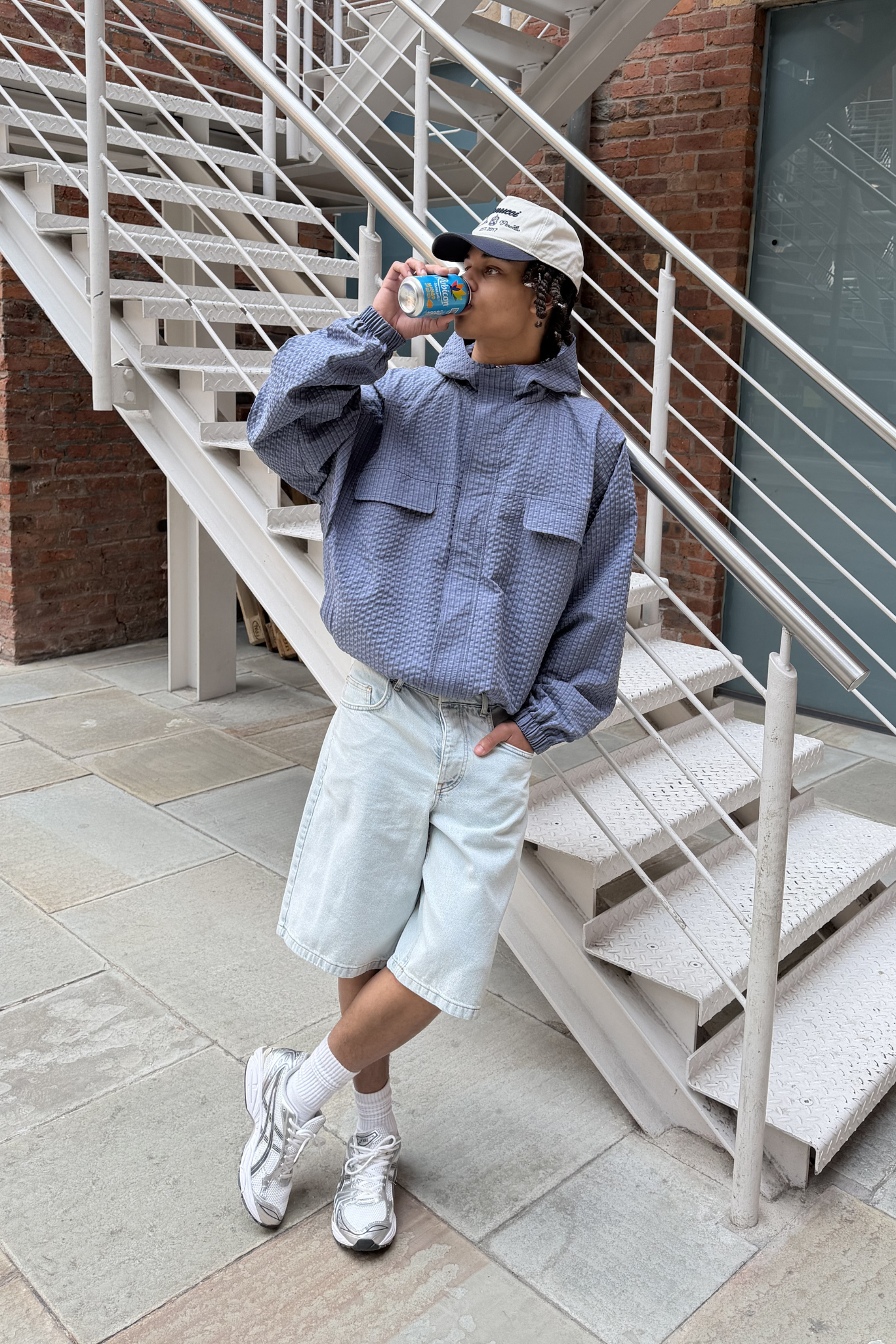 Nylon Check Hooded Windbreaker - Blue