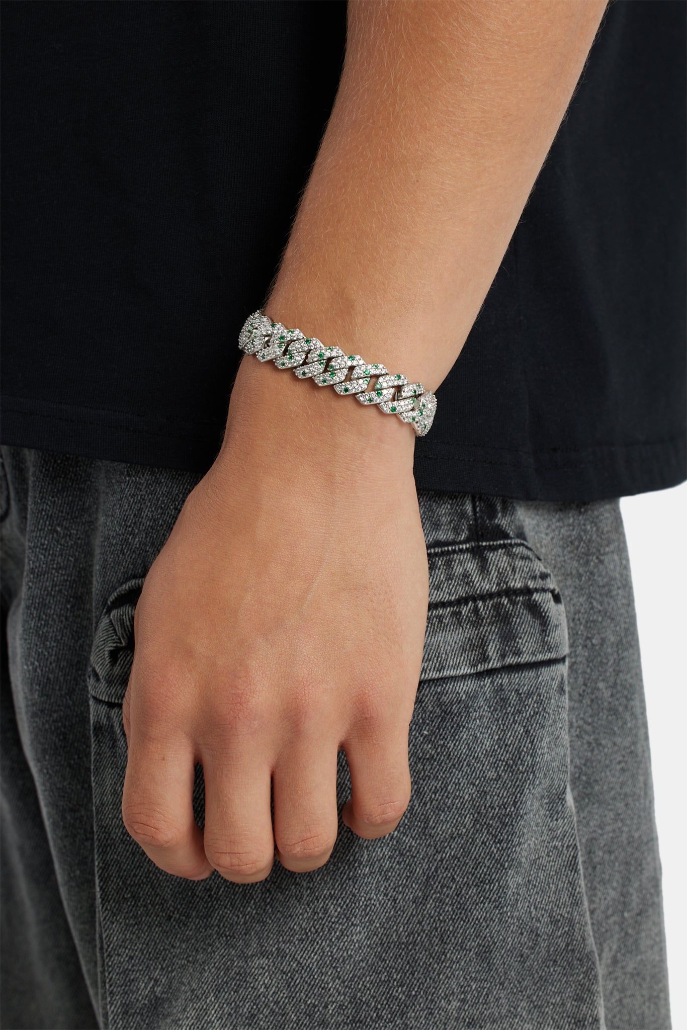 14mm Iced Clear & Green Prong Cuban Bracelet – Cernucci