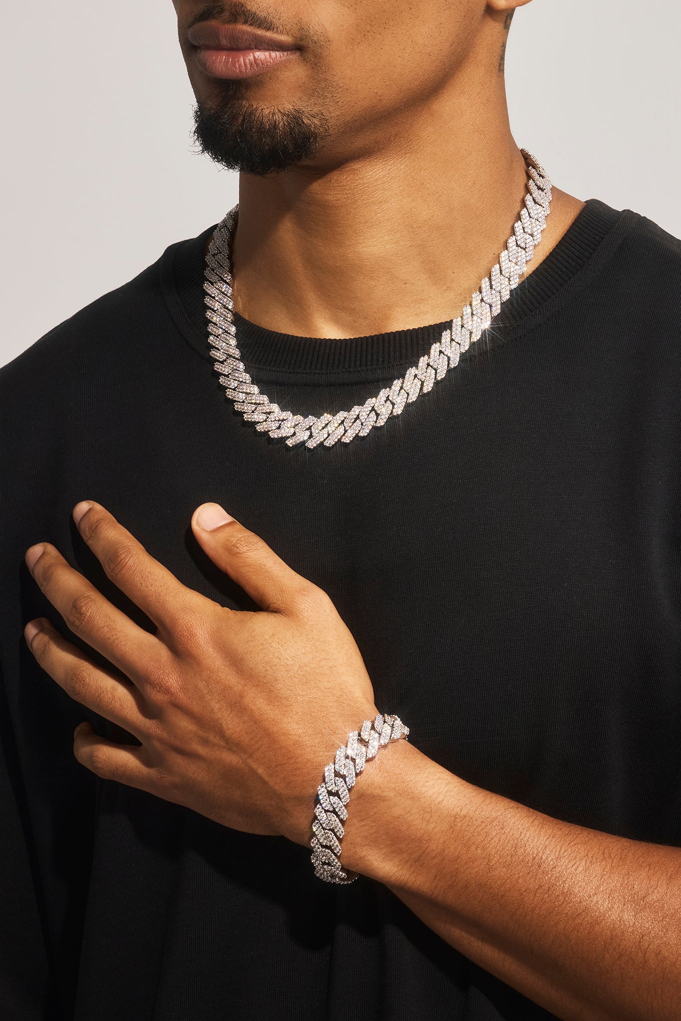 14 mm kubanische Zinkenkette und Armband – Weiß