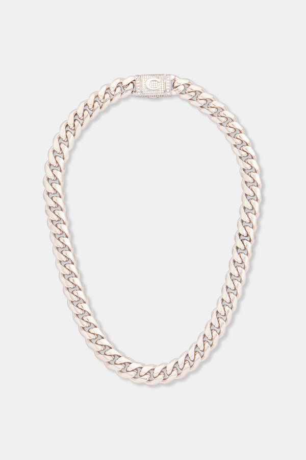 14mm Polished Cuban & Iced Clasp Chain - White Gold