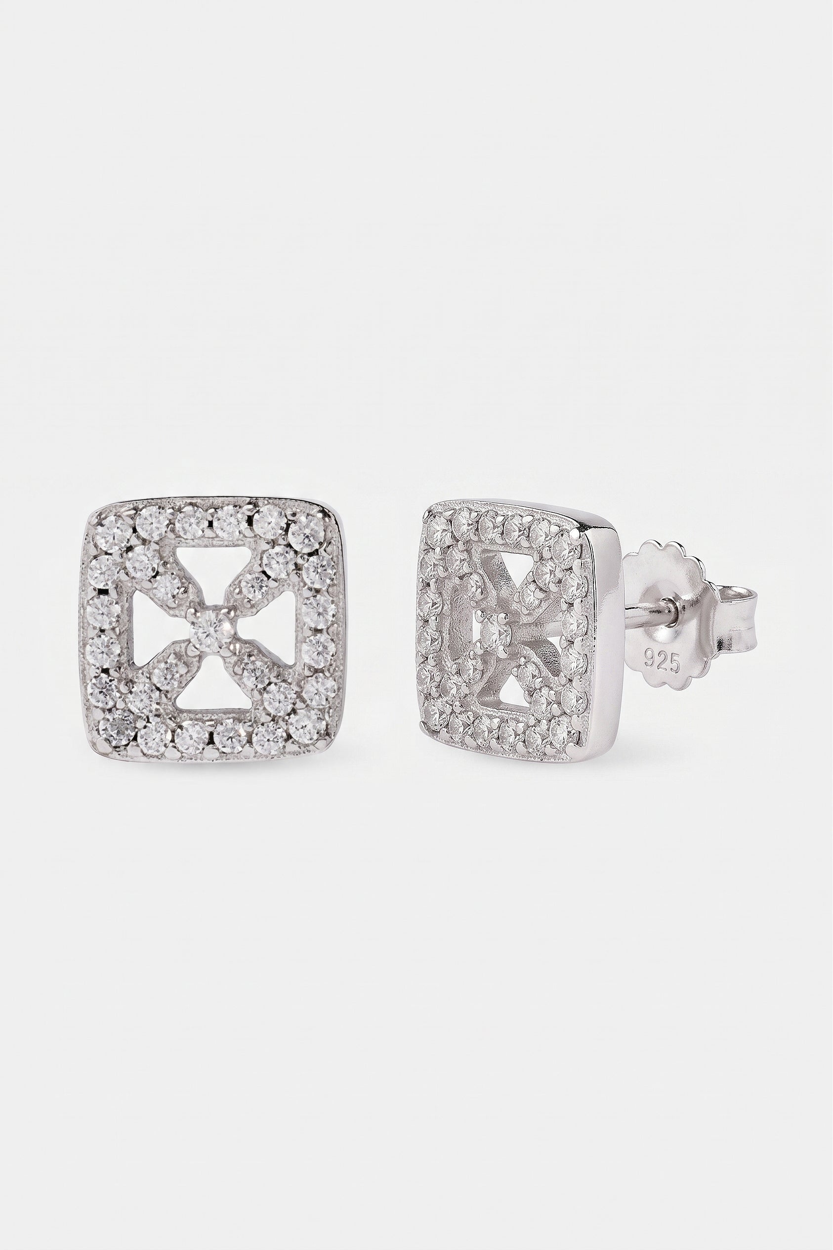 Iced Cross Outline CZ Stud Earrings - 8mm - White