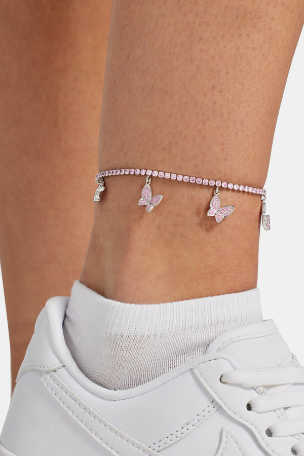 2.5mm Iced Pink CZ Butterfly Tennis Anklet