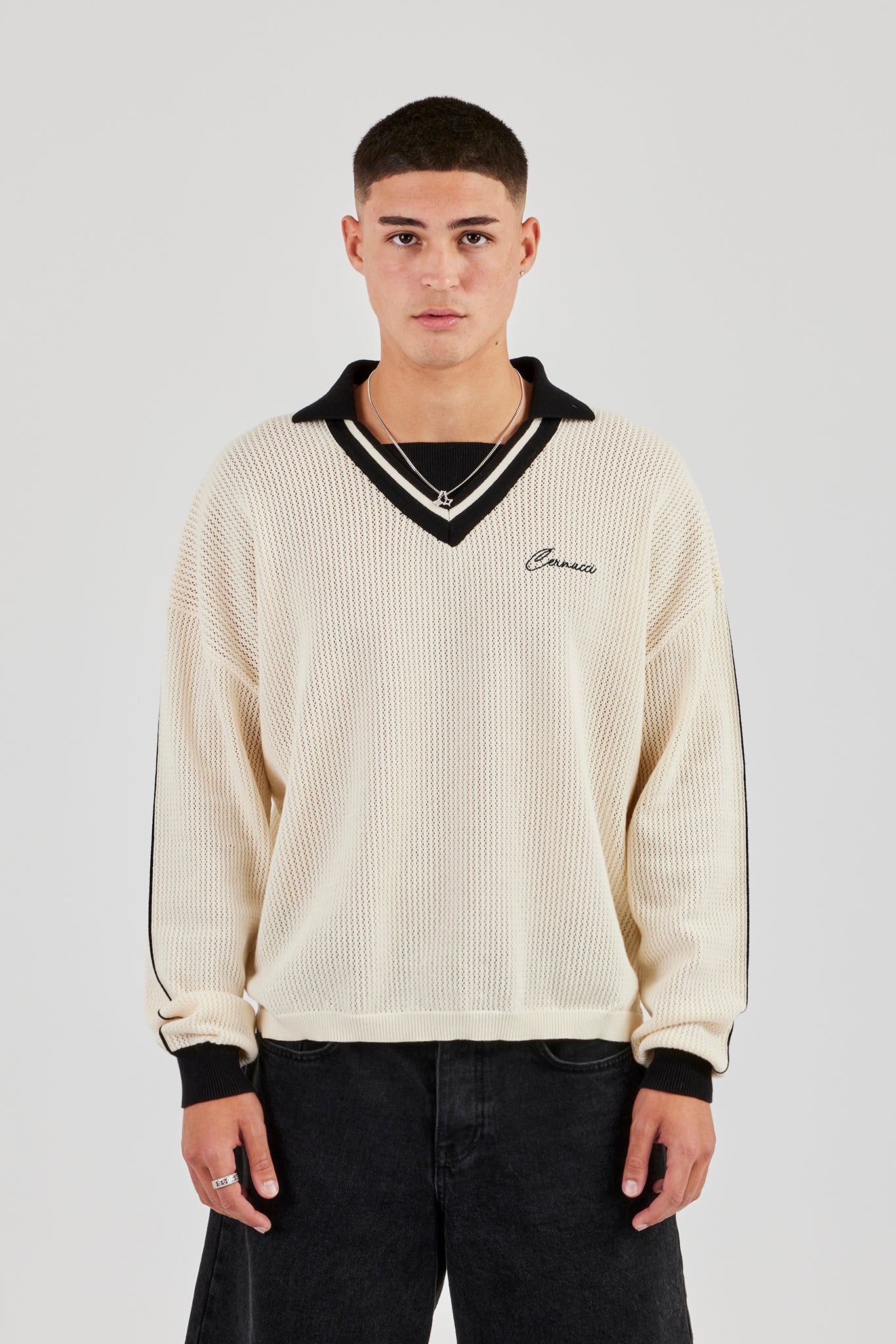 Knitted Cernucci Long Sleeve Polo - White