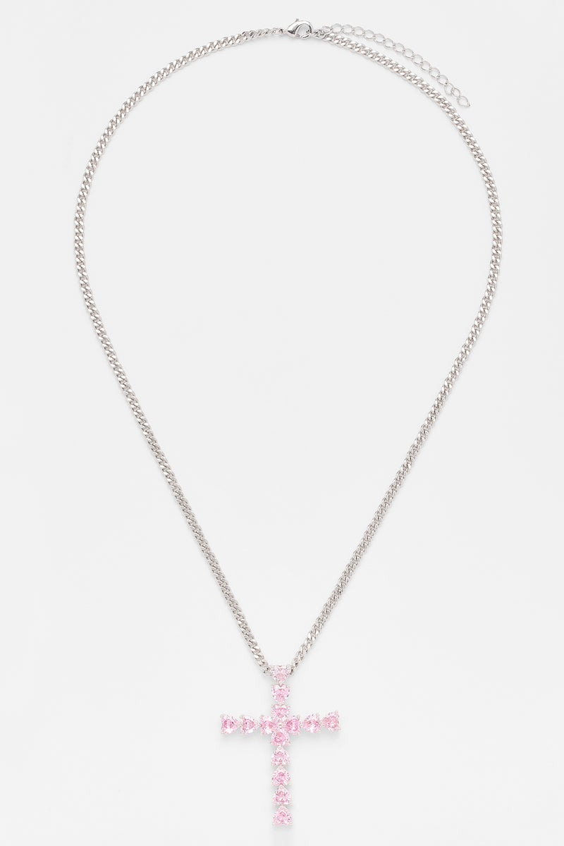 3mm Cuban Chain & Pink Iced Cross Necklace