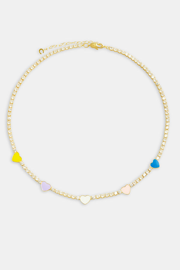 3mm Gold Plated Iced CZ Pastel Enamel Heart Tennis Chain