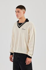 Knitted Cernucci Long Sleeve Polo - White