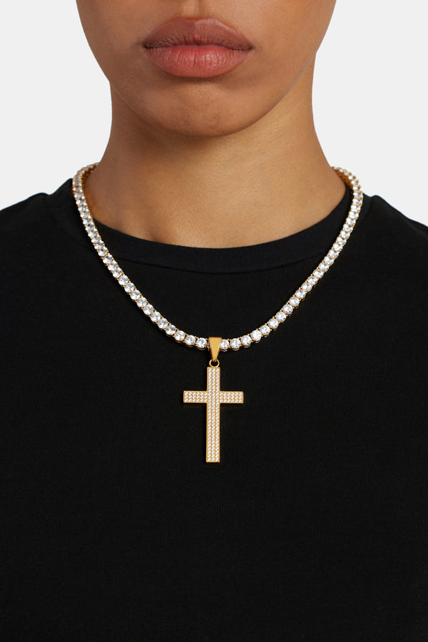 50mm Iced CZ Large Gold Plated Cross Pendant