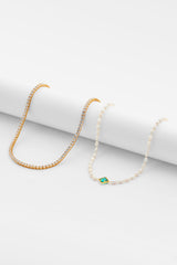 5mm Freshwater Pearl Blue Motif Necklace & 5mm Tennis Chain - Gold