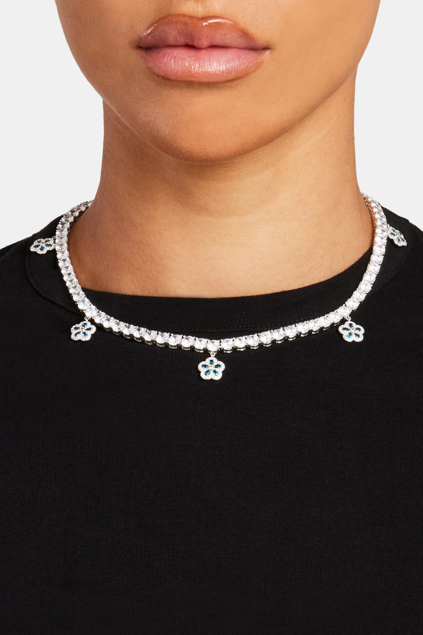 5mm Iced Blue CZ Flower Drop Tennis Necklace | Womens Chains