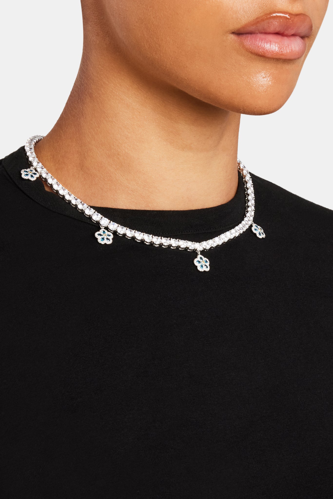 5mm Iced Blue CZ Flower Drop Tennis Necklace | Womens Chains