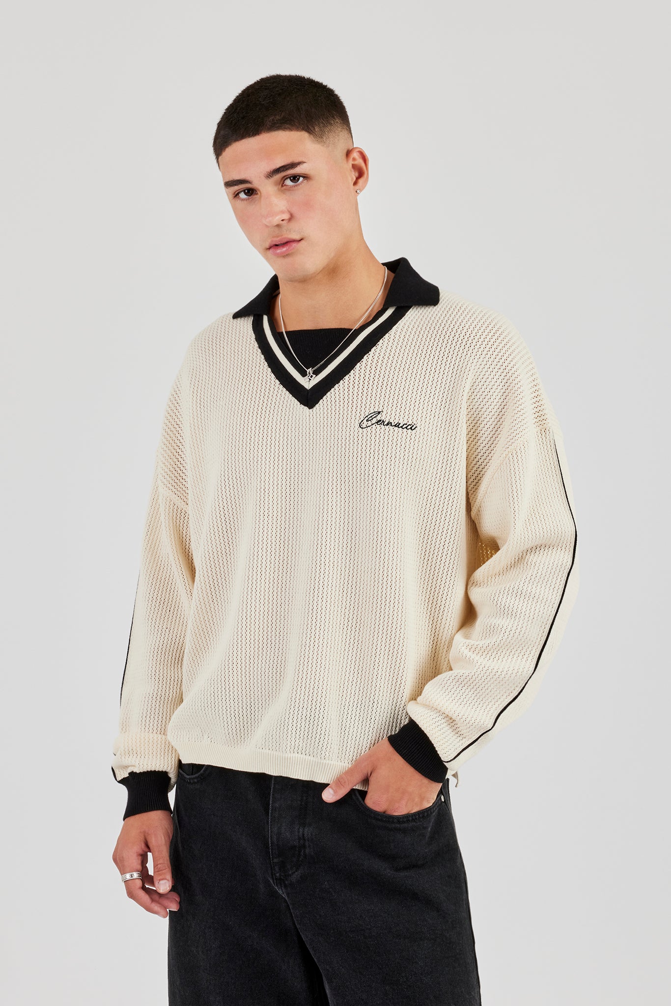 Knitted Cernucci Long Sleeve Polo - White