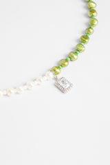 6mm Half Freshwater Pearl & Half Green Iced Necklace - White Gold
