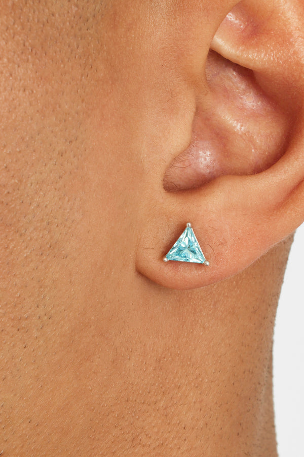 6mm Iced Blue Triangle Stud Earrings - White Gold