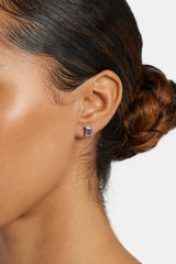 6mm Purple CZ Baguette Stone Stud Earrings - White Gold