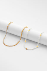 6mm Pearl and Happy Face Necklace & 5mm Tennis Chain - Gold