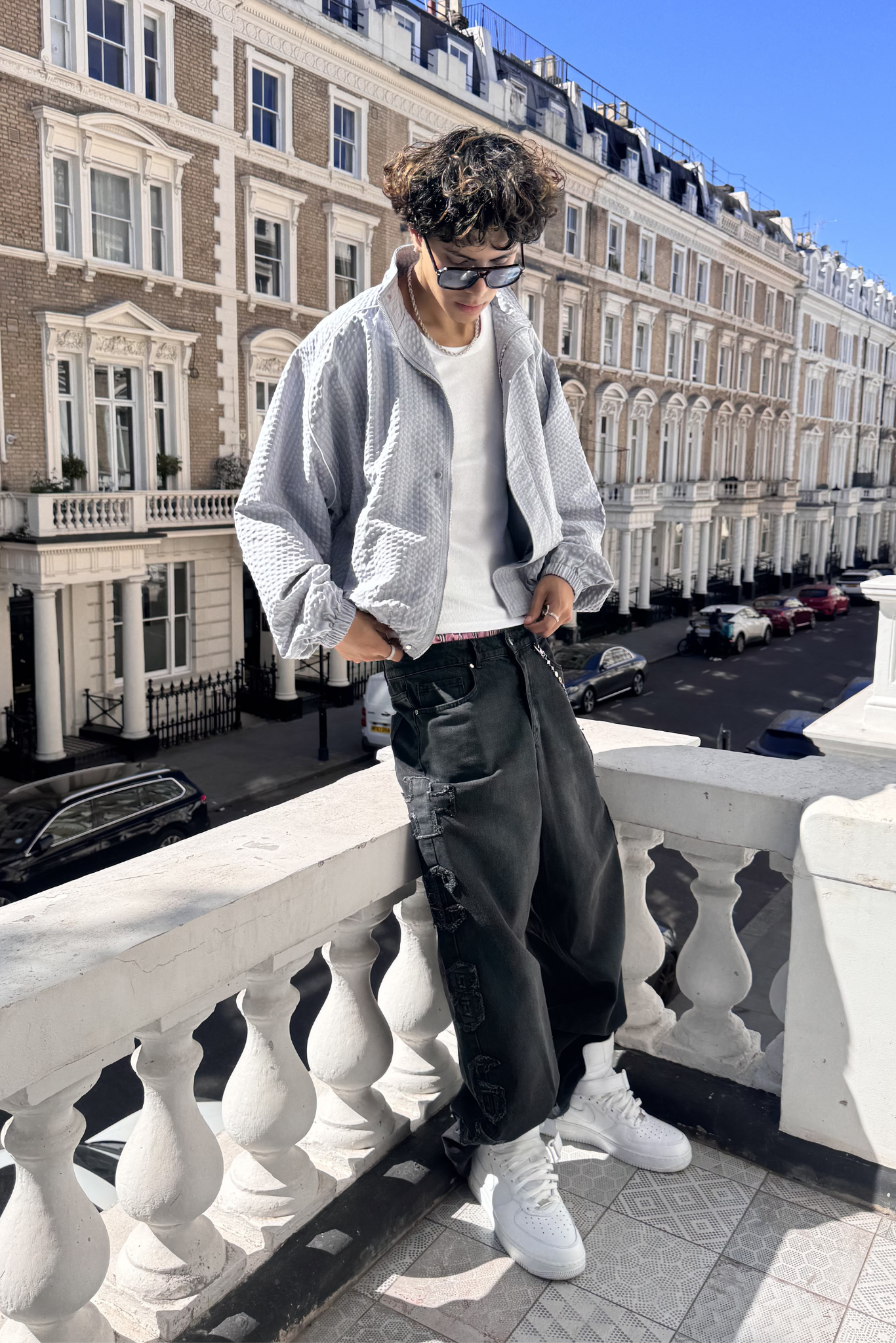 Oversized Nylon Check Funnel Neck Jacket - Light Grey