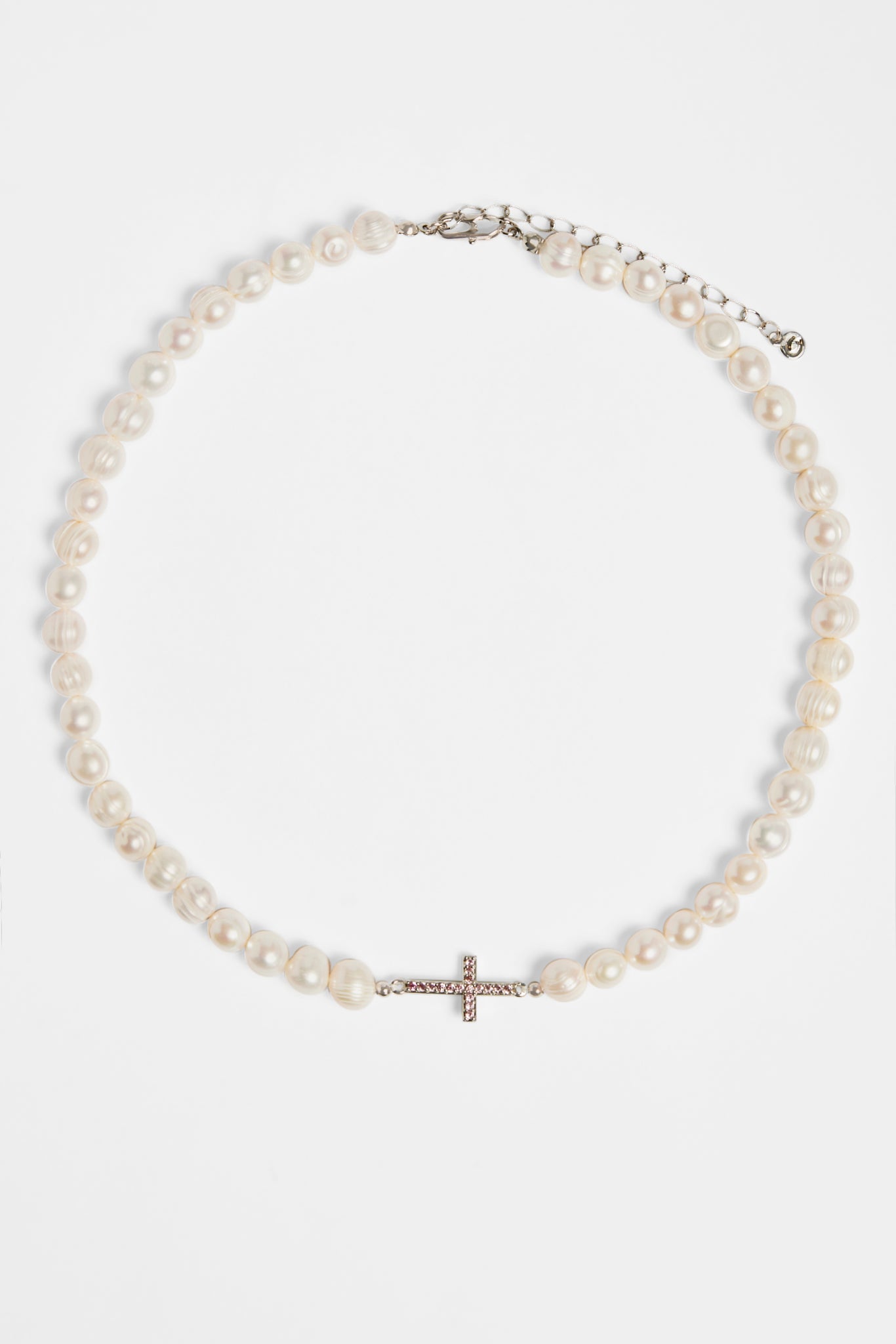 7mm Freshwater Pearl & Pink Iced Cross Necklace