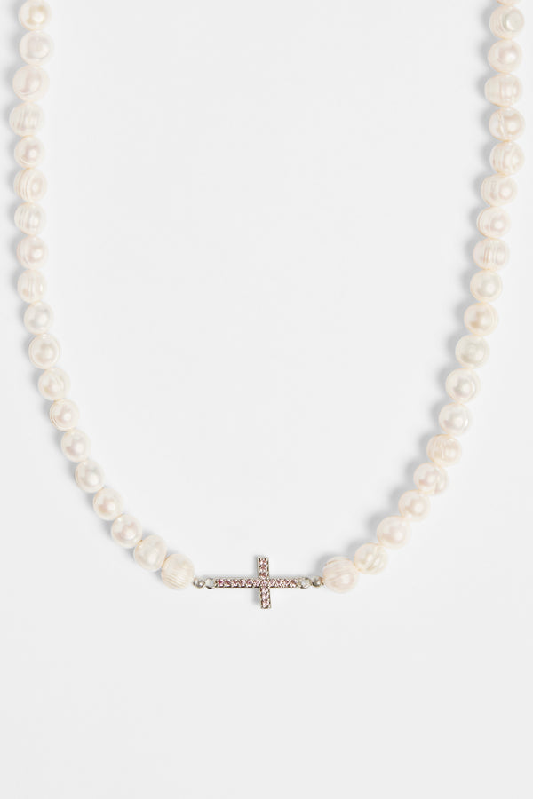 7mm Freshwater Pearl & Pink Iced Cross Necklace