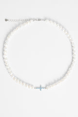 7mm Freshwater Pearl & Blue Iced Cross Necklace