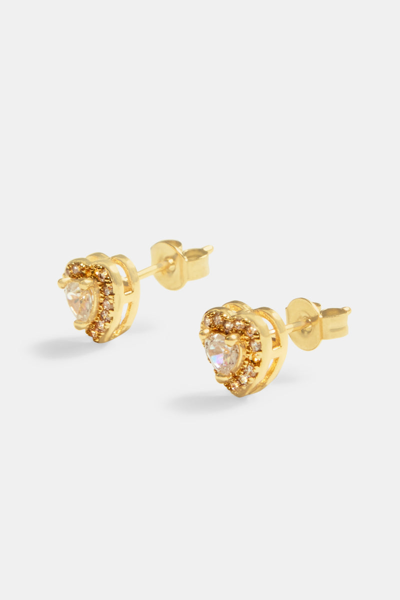 7mm Gold Plated Iced CZ Heart Stud Earrings