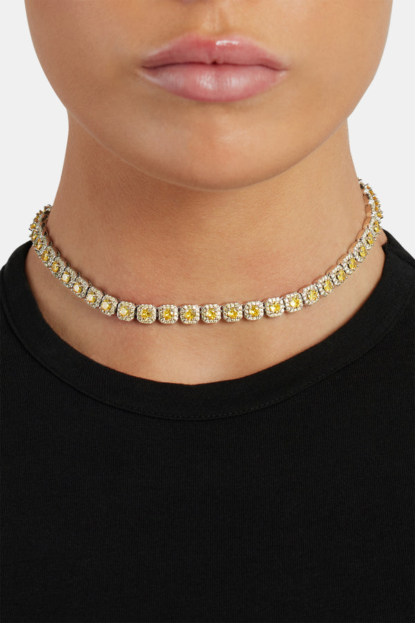 7mm Yellow Iced Clustered Tennis Chain Choker - White Gold