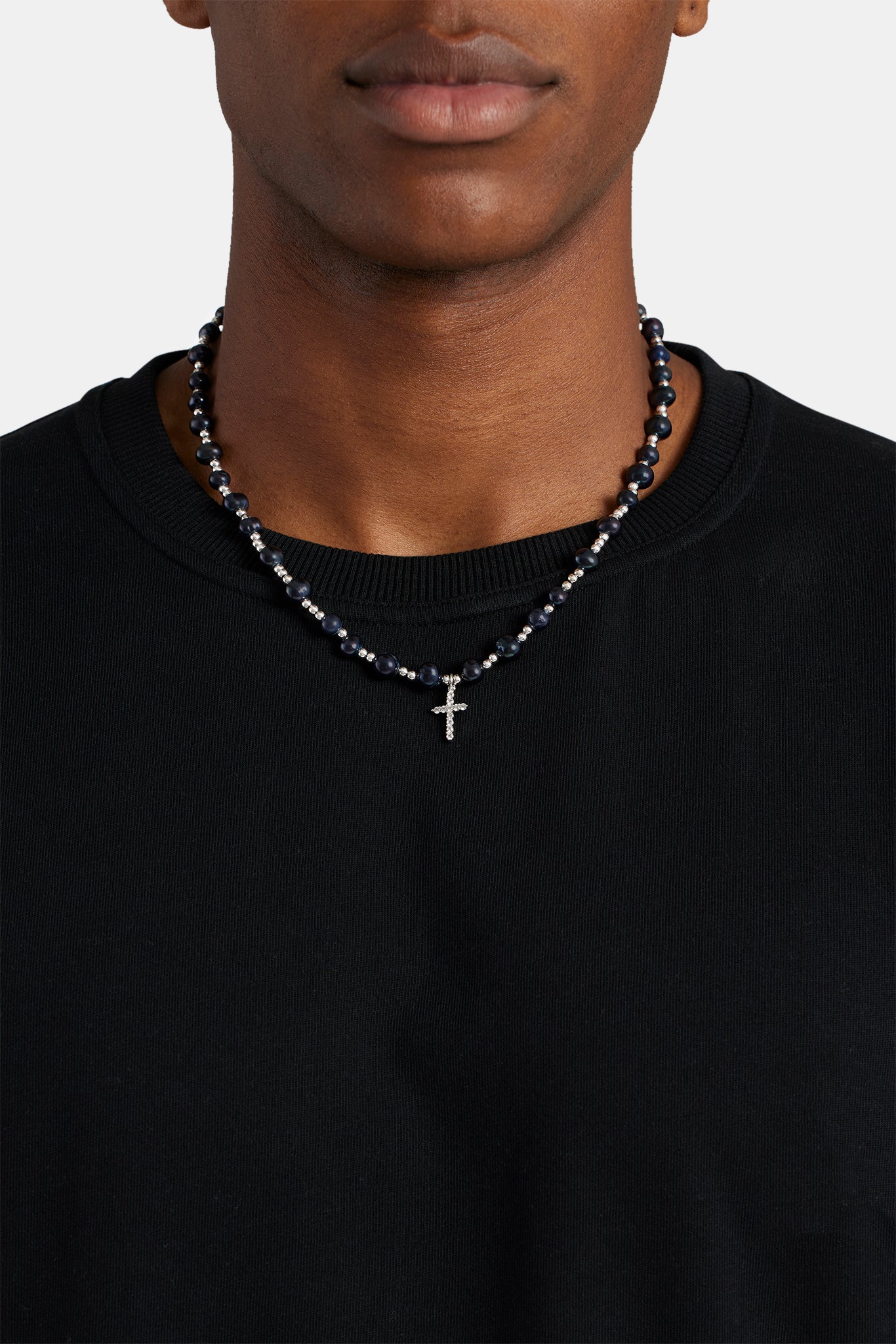 8mm Freshwater Black Pearl Necklace With Iced CZ Cross | Mens