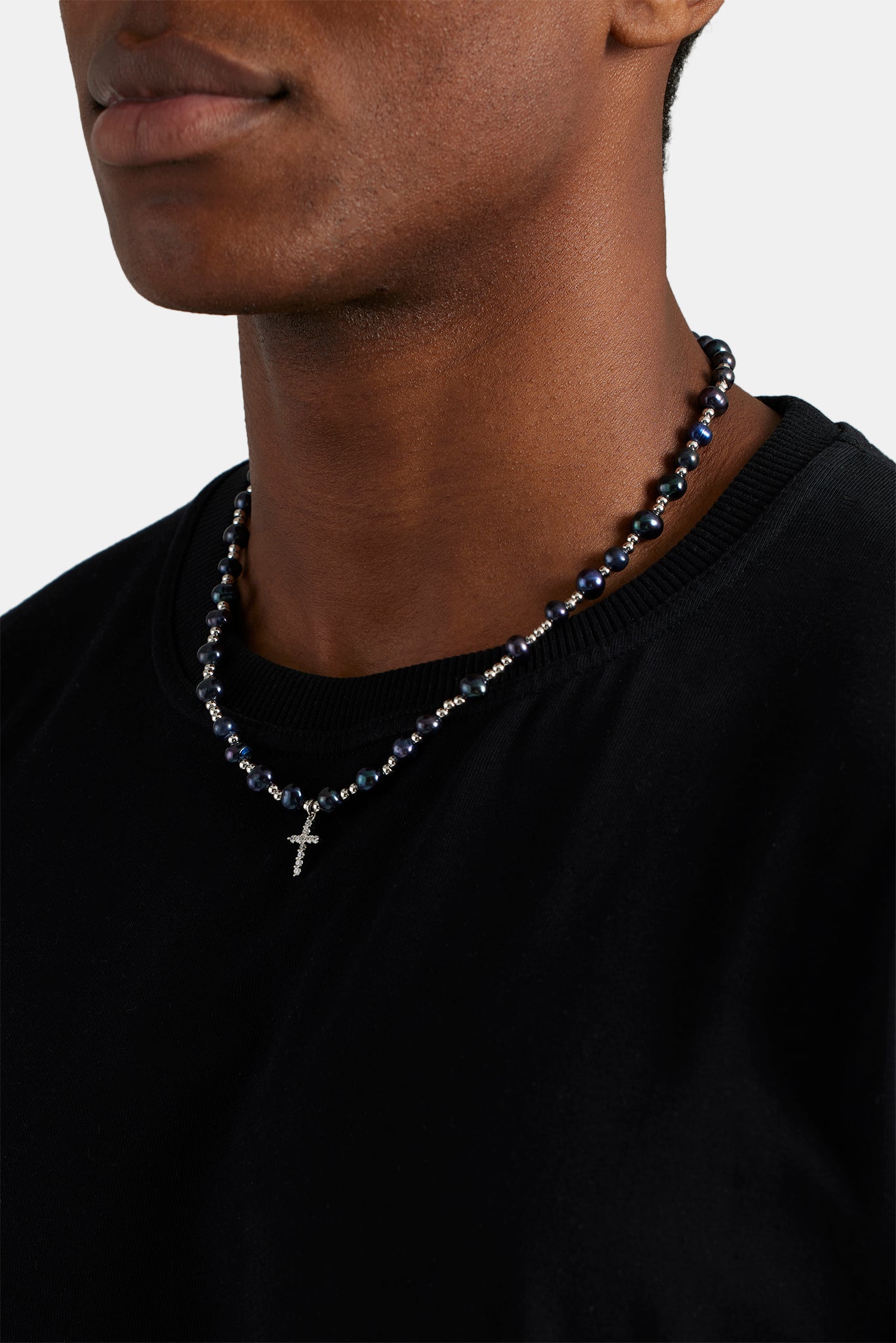 8mm Freshwater Black Pearl Necklace With Iced CZ Cross | Mens