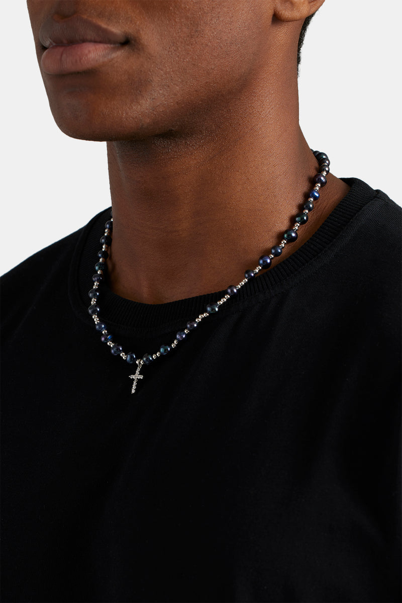 8mm Freshwater Black Pearl Necklace With Iced CZ Cross Mens