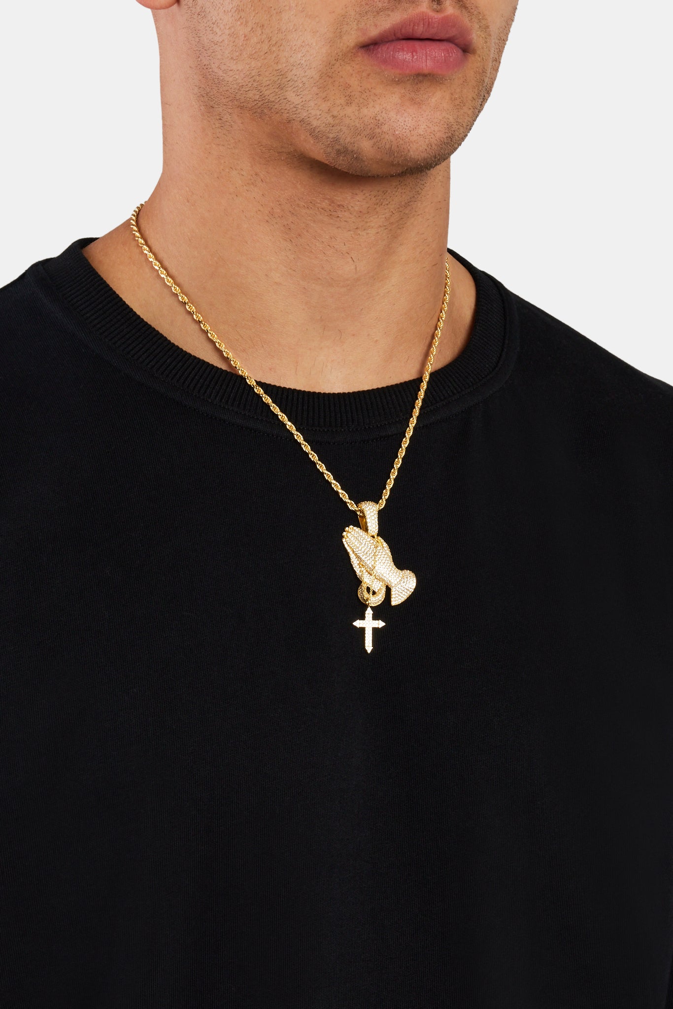 925 Sterling Silver Iced Praying Hands Pendant - Gold