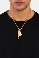 925 Sterling Silver Iced Praying Hands Pendant - Gold
