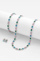 Allway Coloured Bezel Tennis Necklace + Bracelet & Iced Blue Clustered Stud Earrings Bundle - White Gold