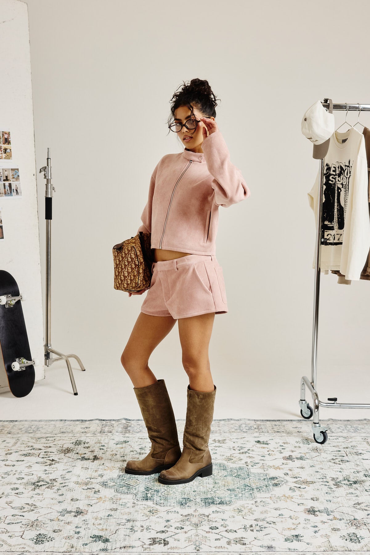 Suede Biker Jacket & Micro Short - Dusty Pink
