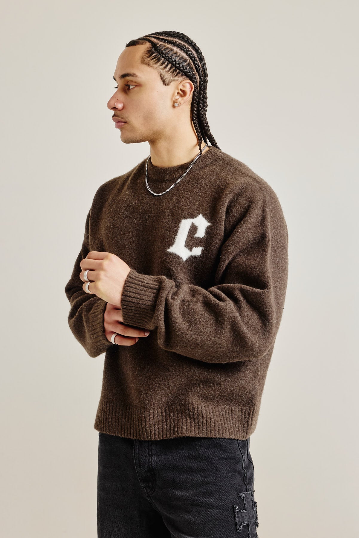 C Intarsia Knitted Sweatshirt - Dark Brown