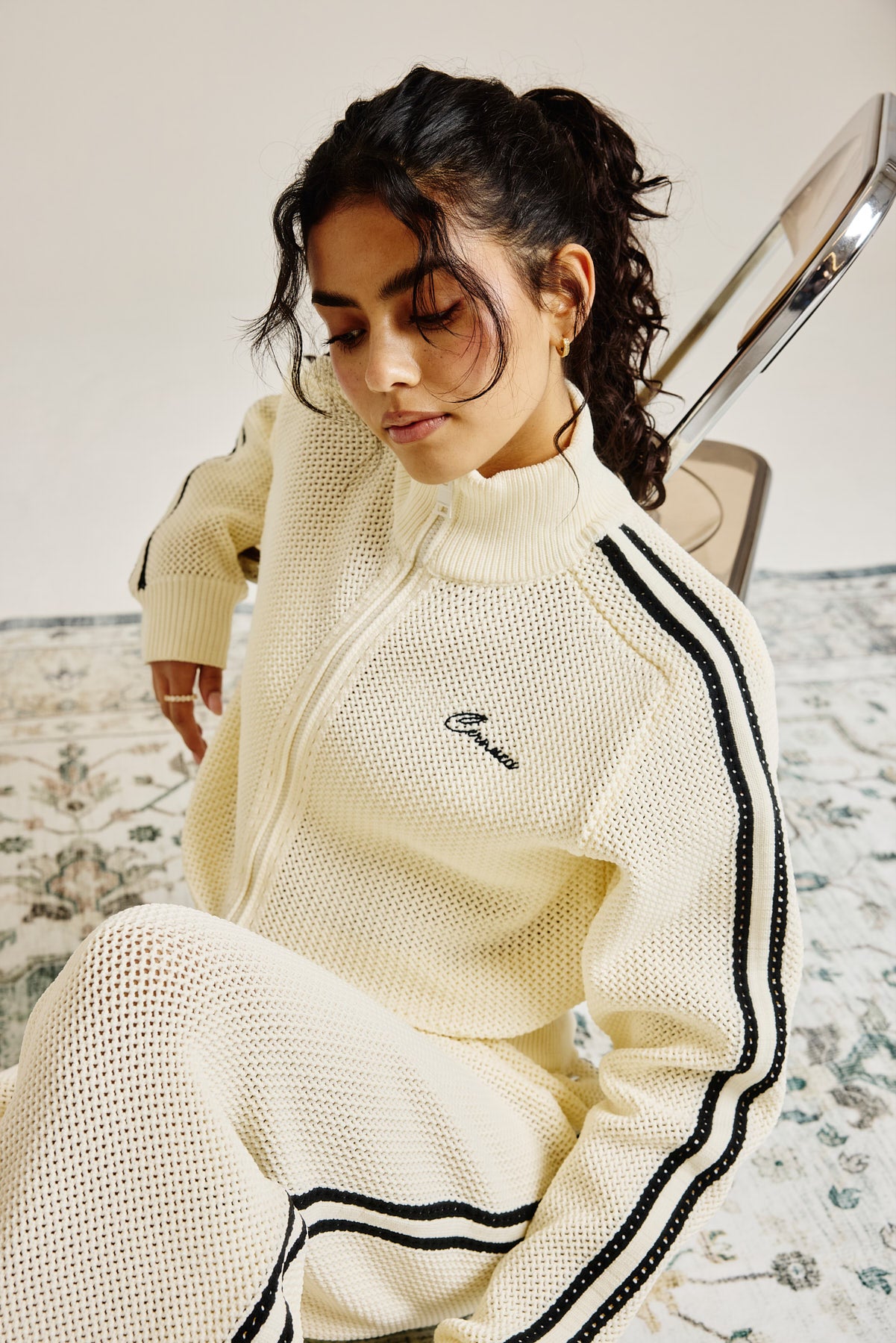 Knitted Taping Funnel Neck Track Jacket - Off White