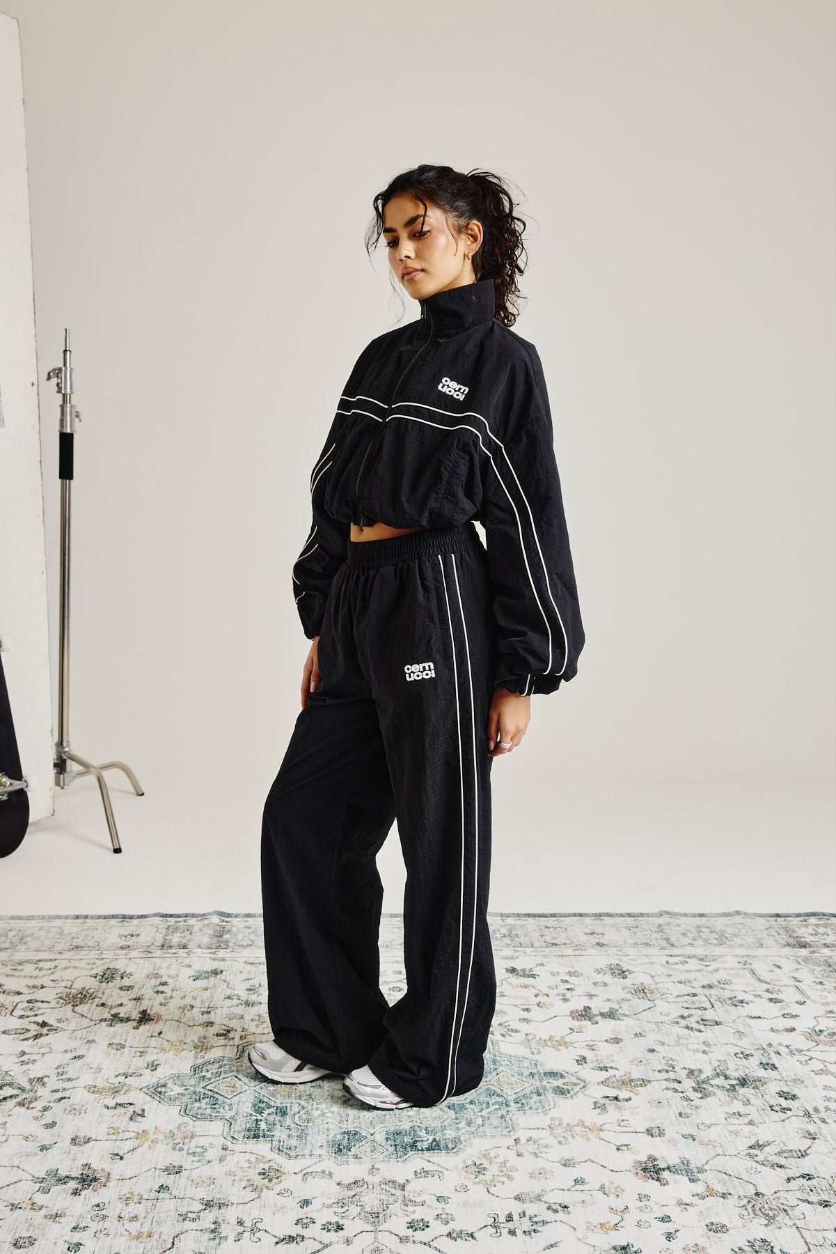 Crinkle Nylon Piping Wide Leg Jogger - Black