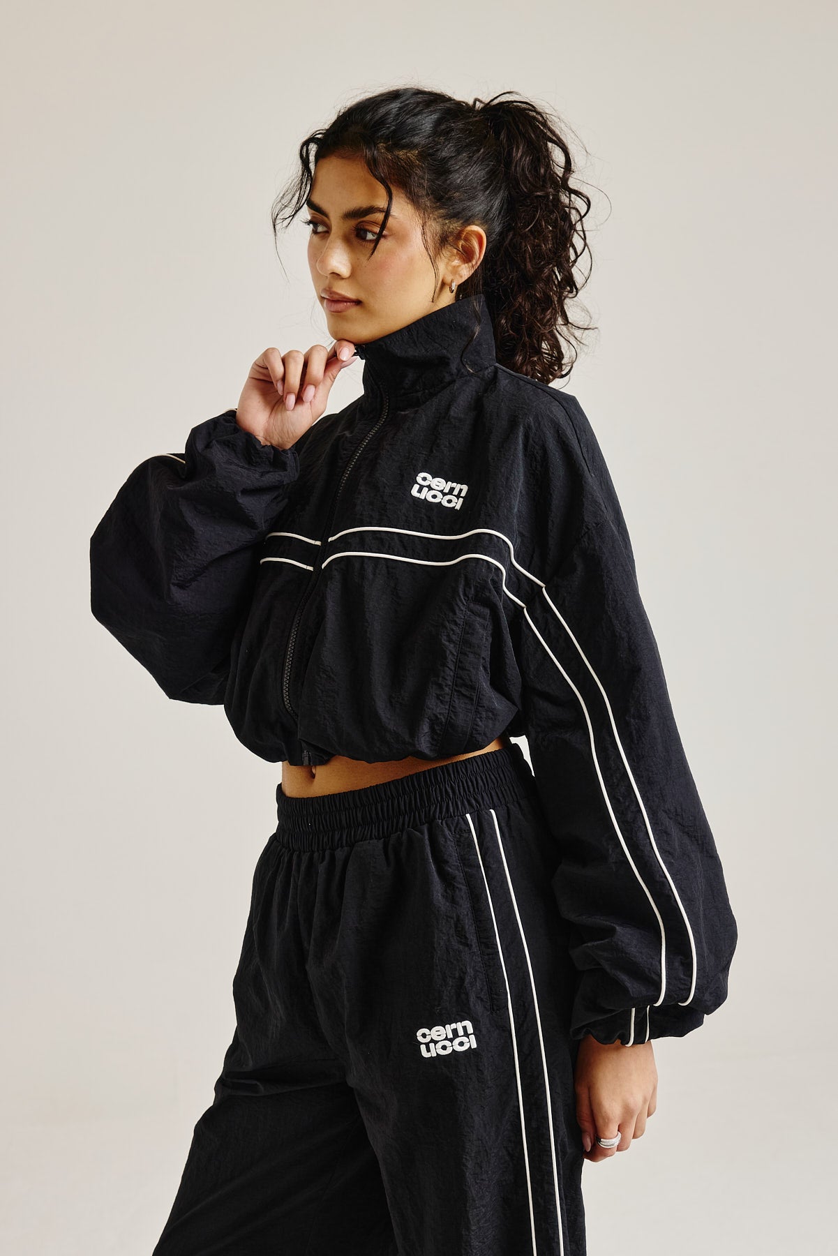 Crinkle Nylon Cropped Piping Track Jacket - Black