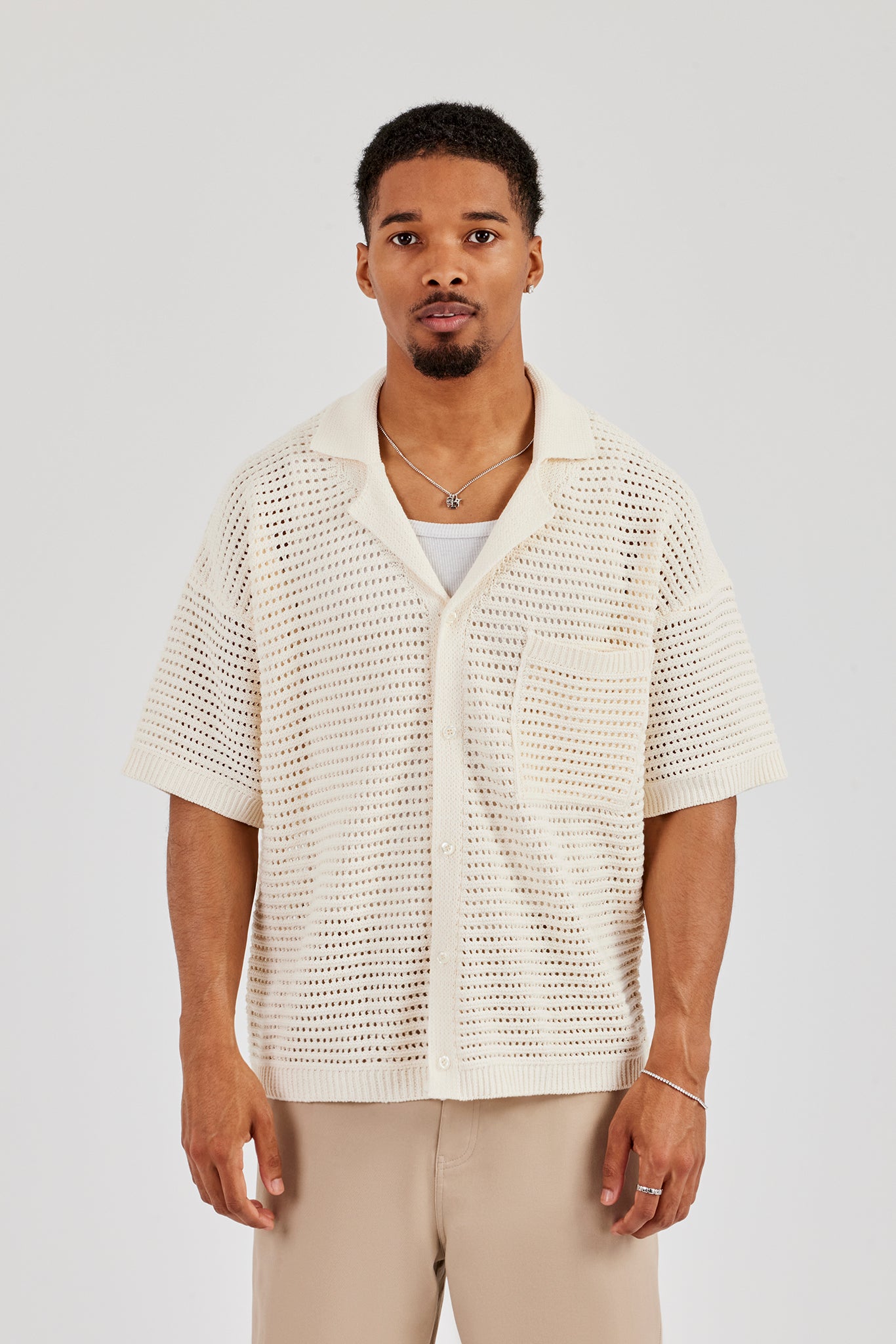 Crochet Knit Shirt - Off White | Mens Knitwear | Shop Knit Shirts