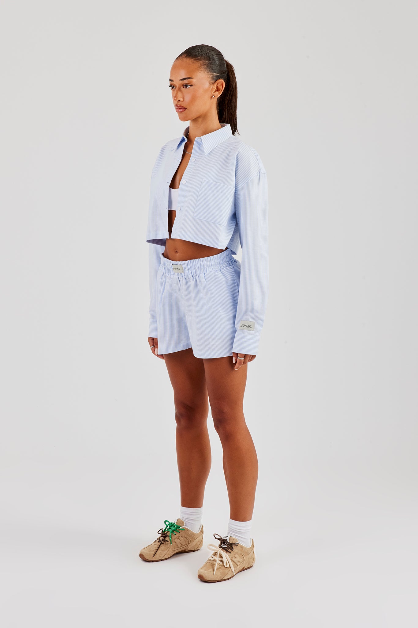 Striped Pocket Oversized Shirt & Shorts - Blue